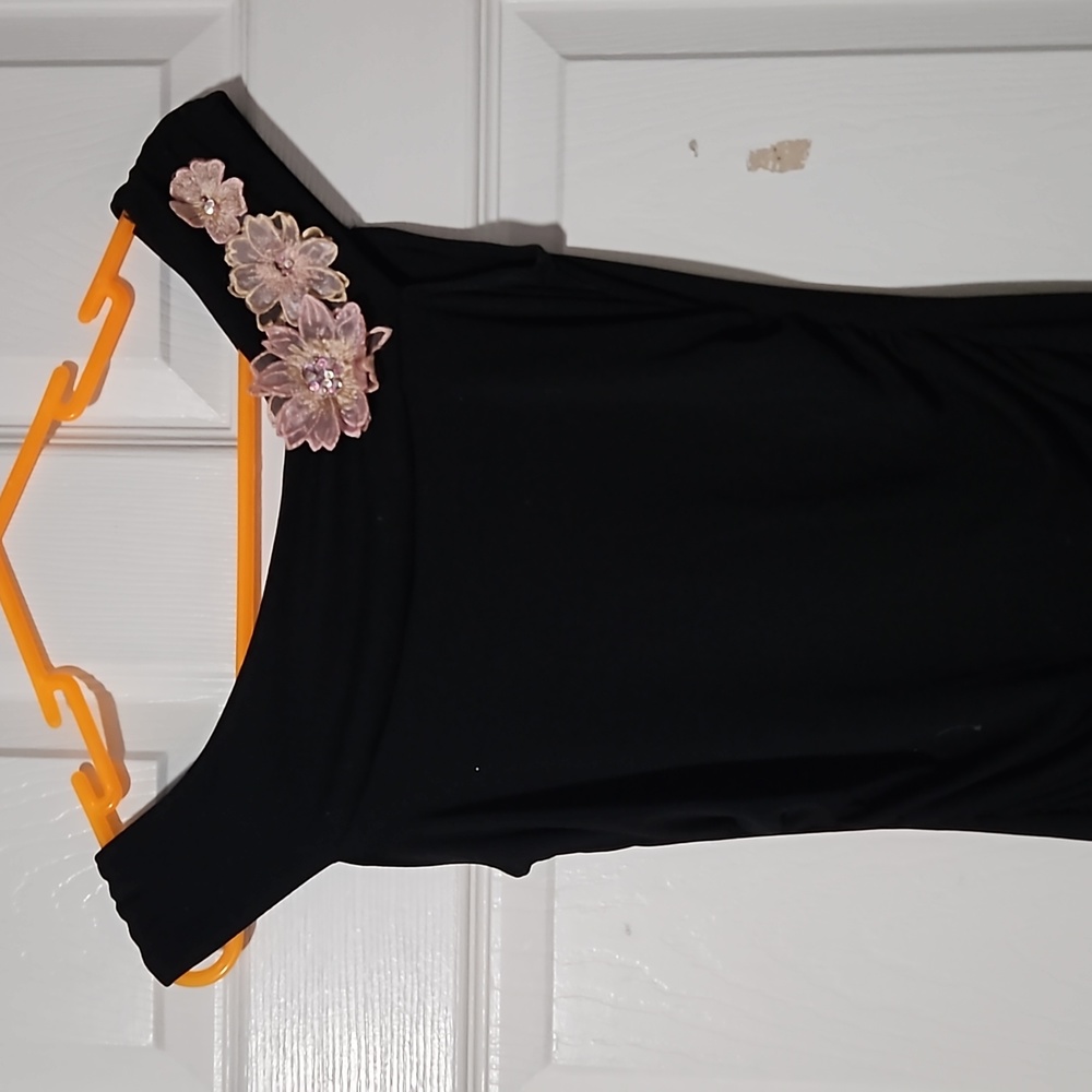 Black Evening Dress with Pink Flowers
